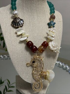 Handmade Seafoam & Gold Seahorse Statement Necklace